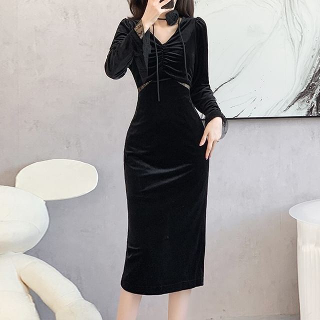 Yilda - Long-Sleeve V-Neck Shirred Lace Panel Midi Velvet Bodycon Dress |  YesStyle