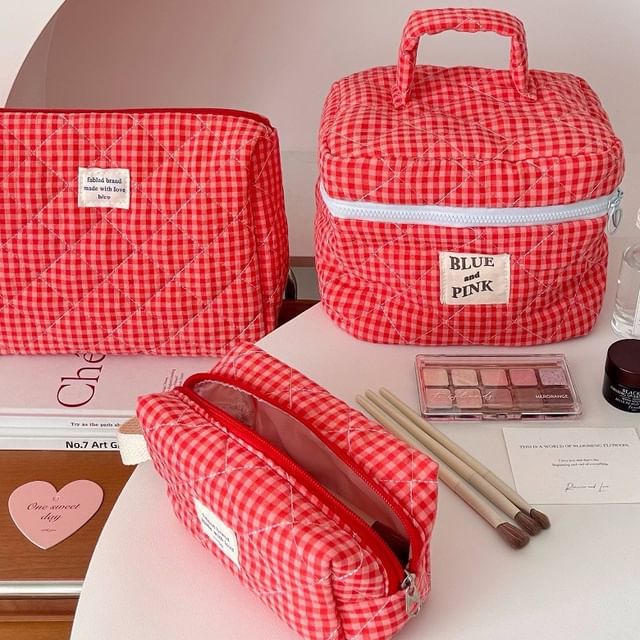 Casopic Lettering Applique Plaid Fabric Makeup Bag (Various