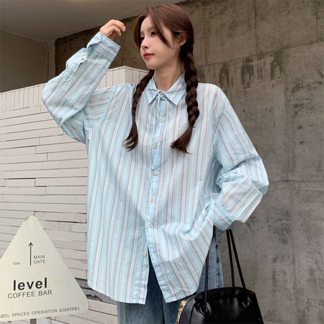 Sharis - Long-Sleeve Collared Striped Oversized Shirt | YesStyle