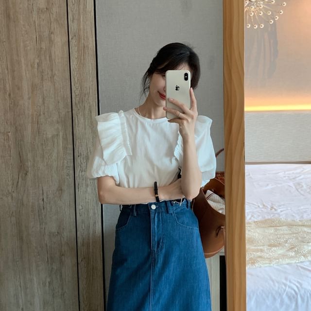 HYAKU-Short Sleeve Crew Neck Plain Ruffle Panel Tee