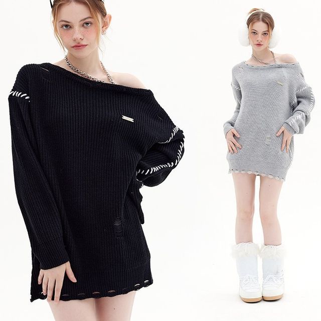 Nariele - Off Shoulder Stitch Details Mini Loose Fit Sweater Dress |  YesStyle