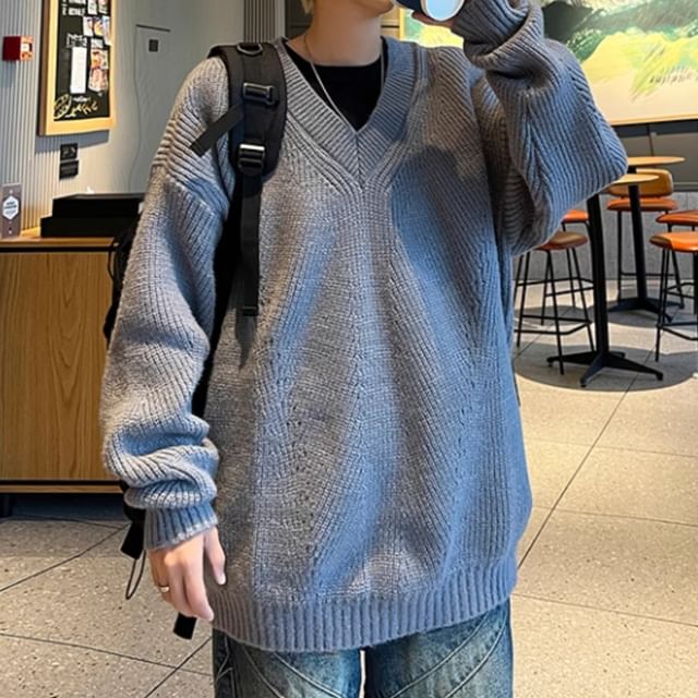 Trimecca-V-Neck Plain Oversized Sweater