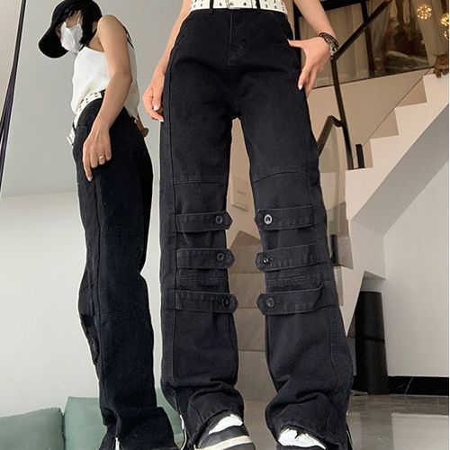 High Waist Washed Zip Slit Loose Fit Jeans