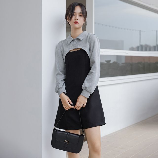 Lady Jean - Set: Spaghetti Strap Mini A-Line Dress + Cropped Polo  Sweatshirt | YesStyle