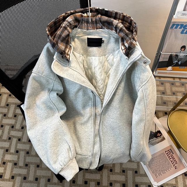 Antaeus-Mock Two-Piece Plaid Panel Hooded Padded Zip Jacket
