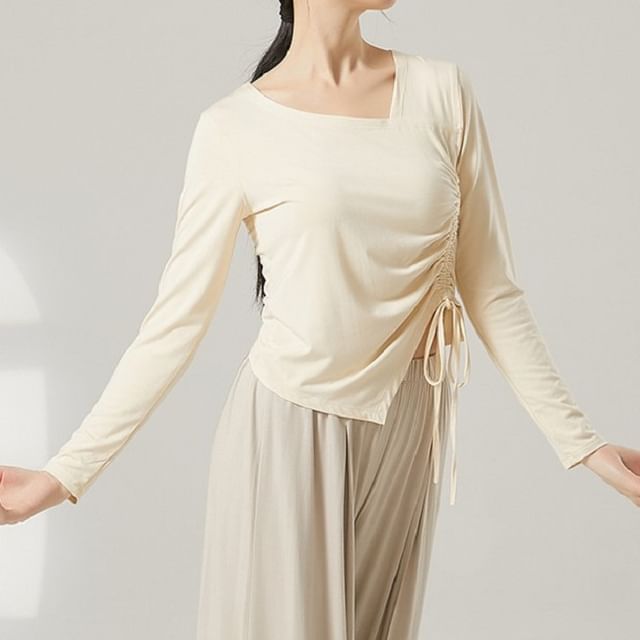 Cossita-Long-Sleeve Asymmetrical Neck Plain Drawstring Crop Tee