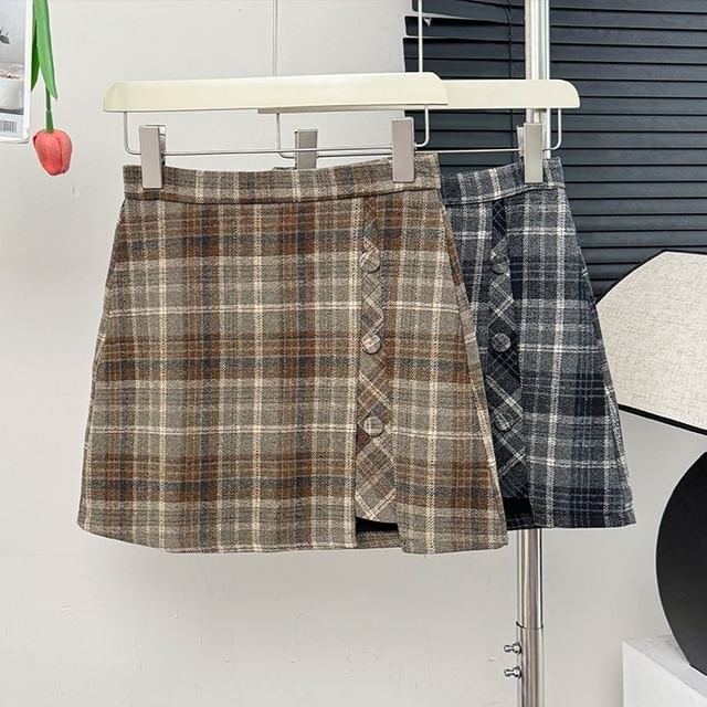 Lemongrass-Plaid High-Waist Mini Skirt