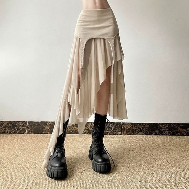 Hevnir-High Rise Plain Slit Midi A-Line Skirt