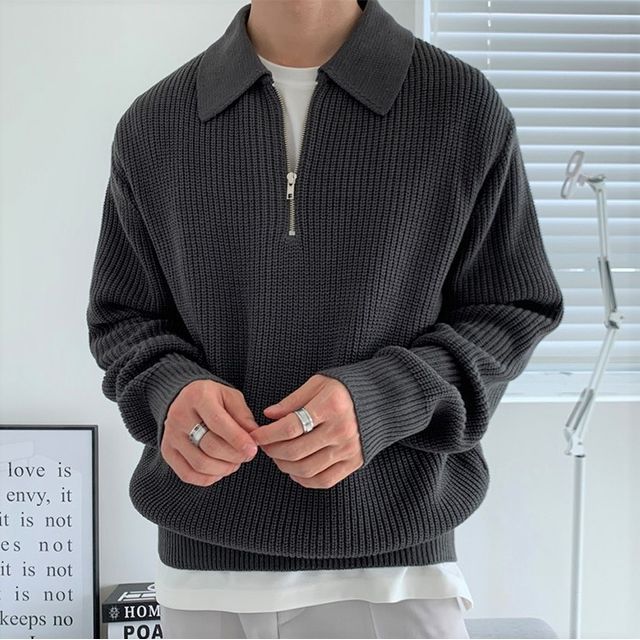 Lingaris-Plain Half Zip Polo Sweater
