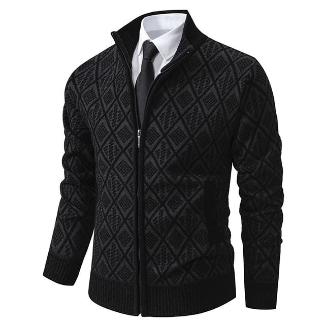 YIKES-High Neck Jacquard Zip-Up Cardigan