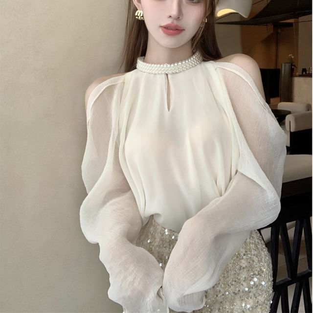 Whoosh-Cold-Shoulder Plain Faux Pearl Blouse