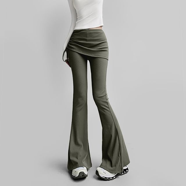 LIVIE-High Rise Plain Drawstring Skirt Overlay Flared Pants