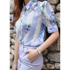 Styleonme - Lace-Frilled Floral Chiffon Blouse Styleonme - Lace-Frilled Floral Chiffon Blouse