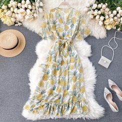 Lucuna - 短袖菠蘿印花沙灘連衣中裙 Lucuna - 短袖菠蘿印花沙灘連衣中裙