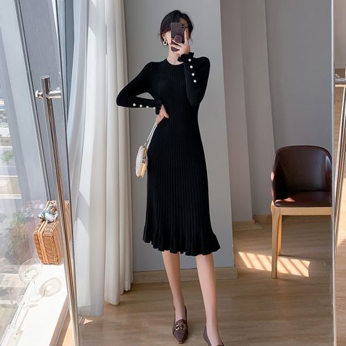 Aurora - Long-Sleeve Crew Neck Plain Ribbed Midi Knit Dress