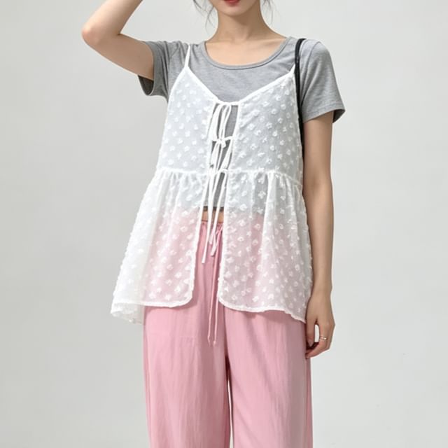 Essere-Bow Dotted Mesh Open-Front Cami Top