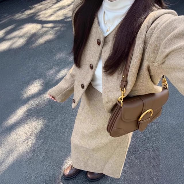 Trendycas-V-Neck Button-Up Jacket High Waist Maxi Skirt