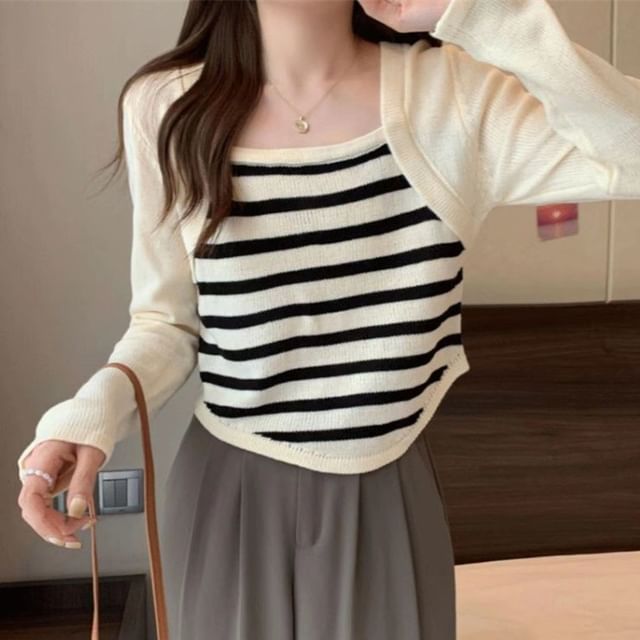 Sisyphi-Long Sleeve Square Neck Striped Mock Two Piece Cropped Knit Top