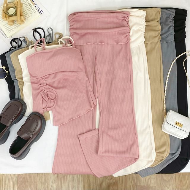 Iasia-Set High Rise Flared Pants Asymmetrical Cami Top