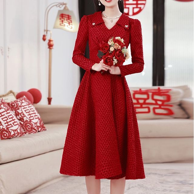 FullBloom - Long-Sleeve V-Neck Collared Plain Heart Button Mock Two Piece  Midi A-Line Cocktail Dress | YesStyle