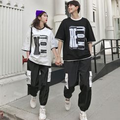 Azure - Couple Matching Lettering Elbow-Sleeve T-Shirt / Cargo Pants