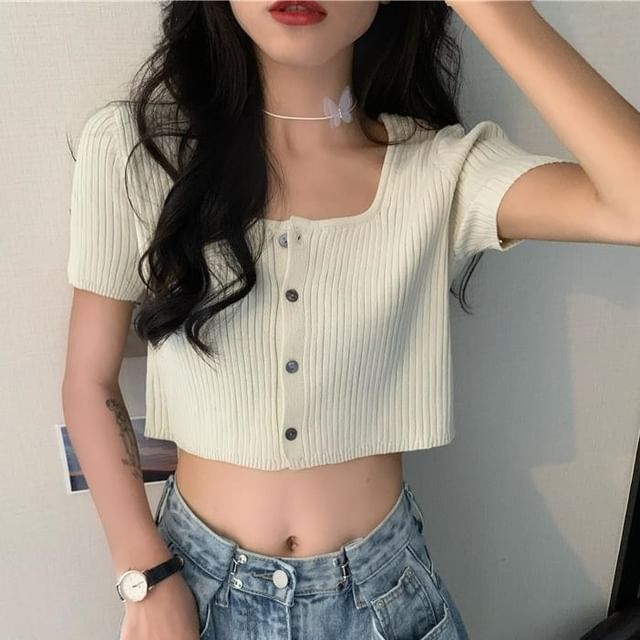 Fabricino-Short Sleeve Square Neck Plain Button Up Cropped Ribbed Knit Top
