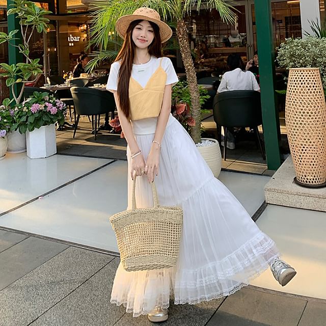 Short-Sleeve Crew Neck Plain T-Shirt Crop Camisole Top Elastic Waist  Mesh Midi A-Line Skirt