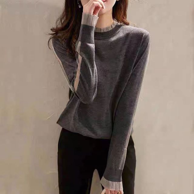 Everose-Mock Neck Mesh Panel Sweater
