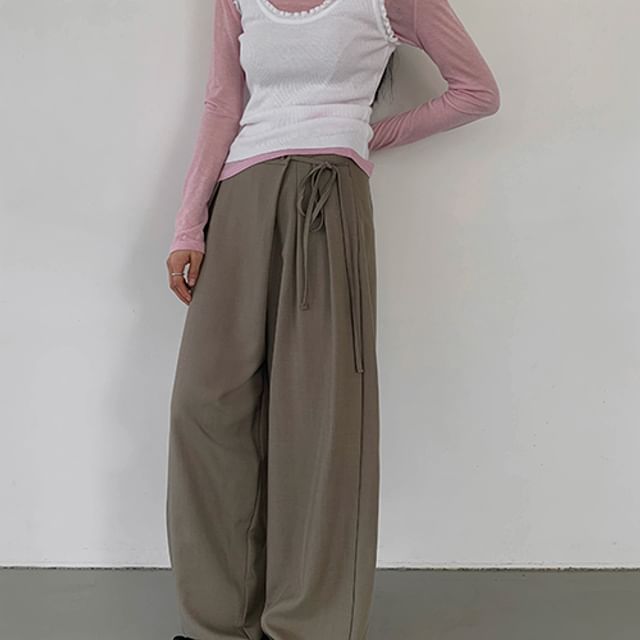 FROMBEGINNING-Tie-Waist Wide Suit Pants