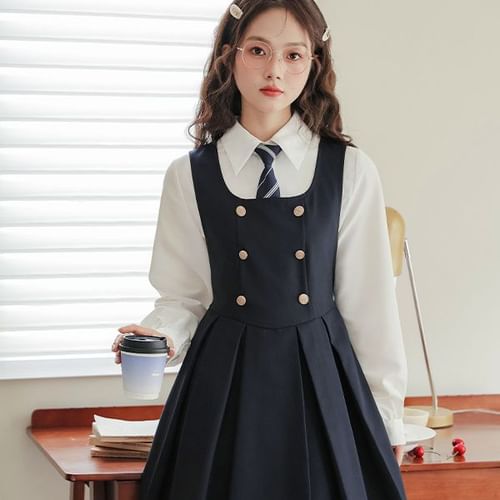 sansweet - Set: Long-Sleeve Plain Shirt + Double-Breasted Pleated A-Line Dungaree  Dress