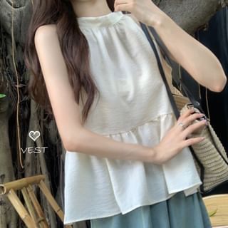 Beem-Halter Mock Neck Plain Ruffle Hem Tie Back Blouse