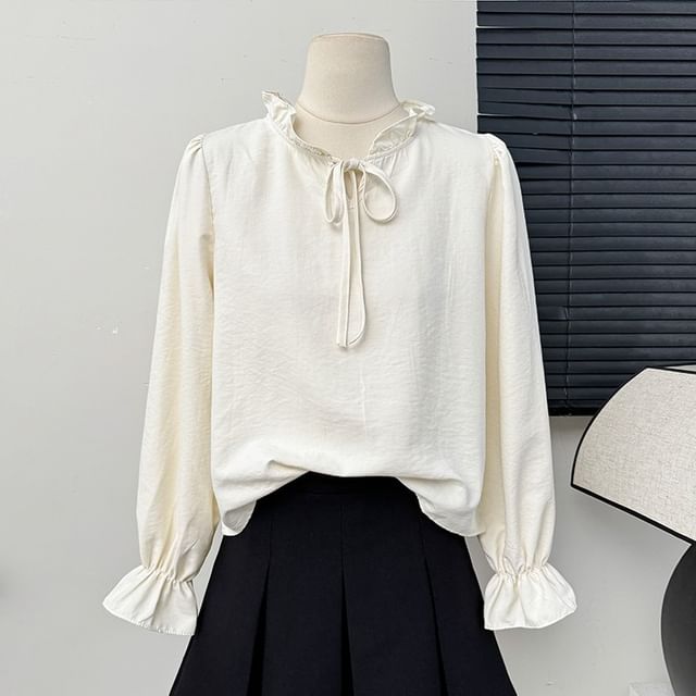 Lemongrass-Ruffle-Trim Tie-Neck Loose Blouse