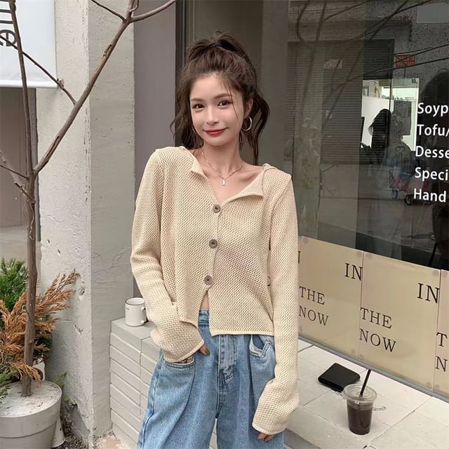 GOUB-Hooded V-Neck Plain Button Up Cropped Cardigan