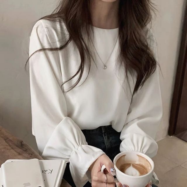 ISSOL-Long-Sleeve Crew Neck Plain Blouse
