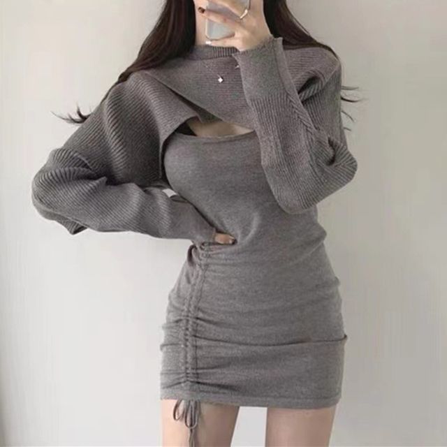 lilygirl Set: Plain Cropped Sweater Drawstring Mini Bodycon