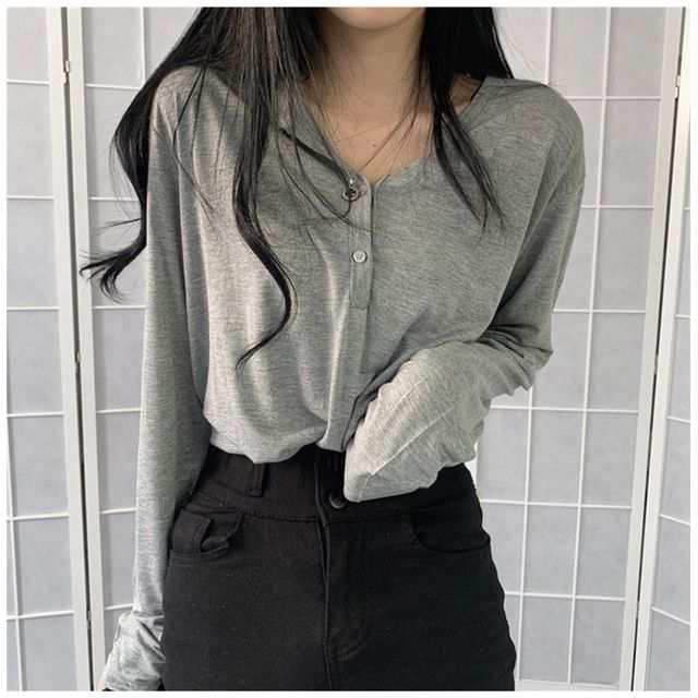 Everose-Long-Sleeve Button-Up T-Shirt
