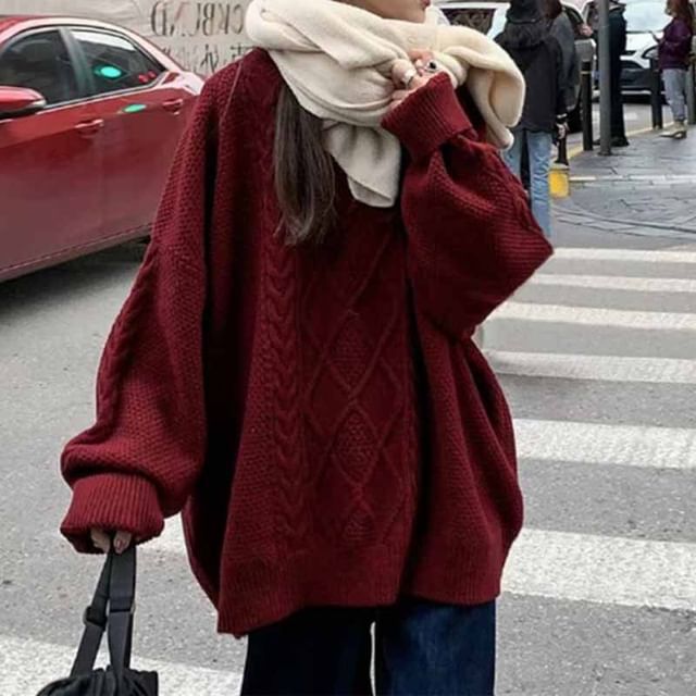Bolgivy-Crewneck Plain Ribbed Oversize Sweater