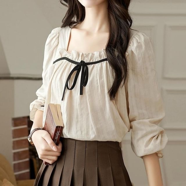 Dragan Pulse-Long-Sleeve Square Neck Plain Blouse