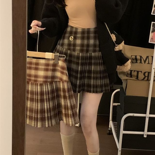 Mikiko - High Waist Plaid Pleated Mini A-Line Skirt | YesStyle