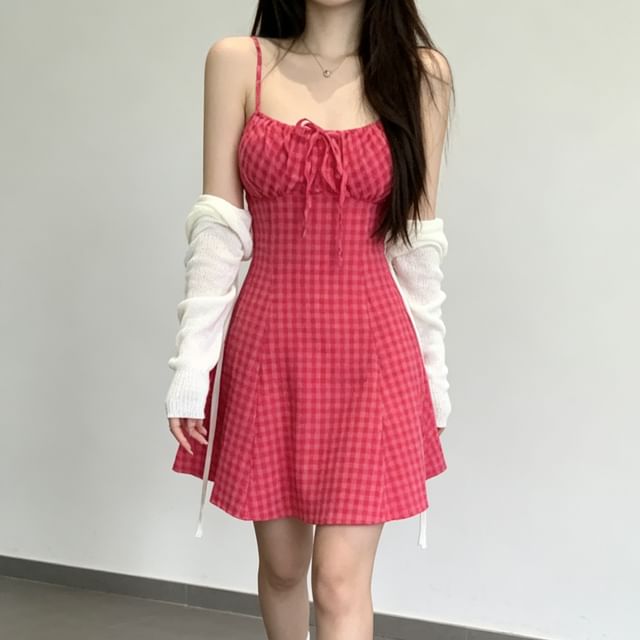 Metonymph-Set Spaghetti Strap Dotted Mini A-Line Dress Light Scarf