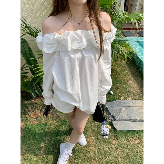 Beem-Long-Sleeve Off-Shoulder Plain Ruffle Blouse Various Designs