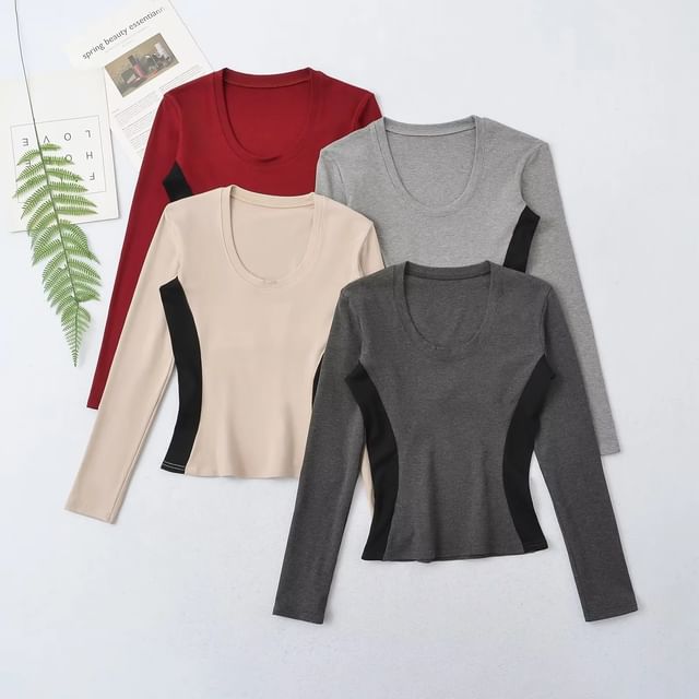 Asiris-Long-Sleeve Scoop Neck Plain Crop Top
