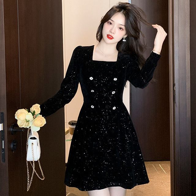 knee length dresses for ladies Shimmer Season Long Sleeve Glitter Mini Dress