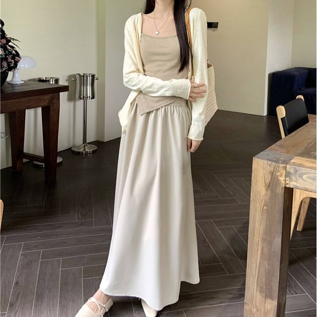 Shinsei-Plain Asymmetrical Cami Top V-Neck Plain Cardigan High Rise Plain Maxi A-Line Skirt