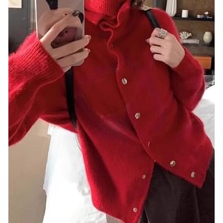 Trendycas-Turtleneck Plain Button-Up Cardigan