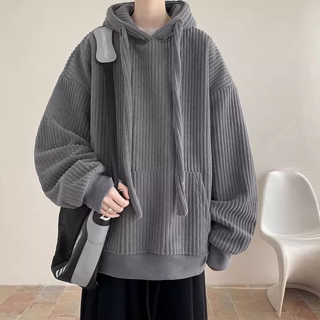 emeisa-Plain Drawstring Corduroy Hoodie