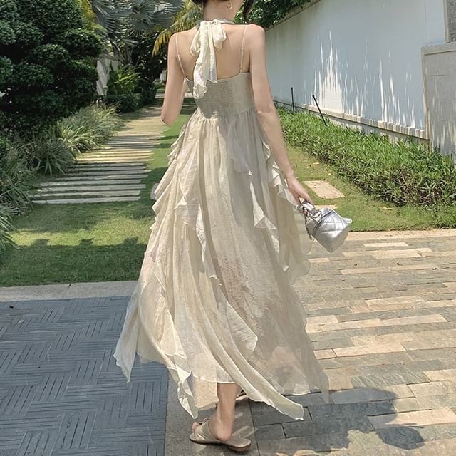Flamivitoze - Sleeveless Chiffon Asymmetrical Maxi A-Line Dress | YesStyle