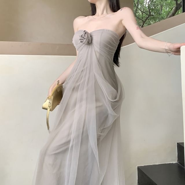 Metonymph-Strapless Mesh Maxi A-Line Dress