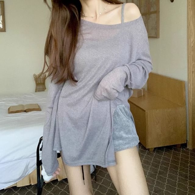 Trendycas-One-Shoulder Long-Sleeve Plain Tee Plain Cami Top
