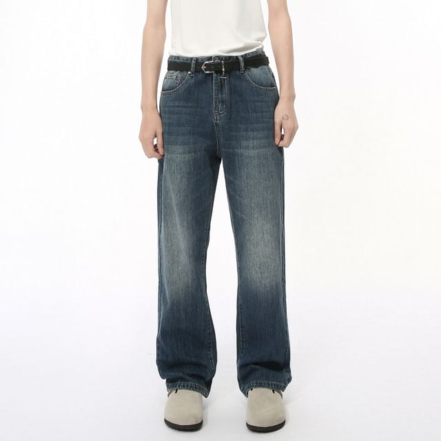 FAERIS-Mid Rise Washed Straight Leg Jeans